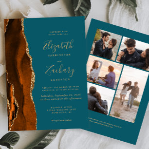 Invitation 5-Photo Orange Brûlé Agate Sarcelle Mariage