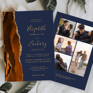 Invitation 5-Photo Orange Brûlé Or Agate Bleu Marine Mariage
