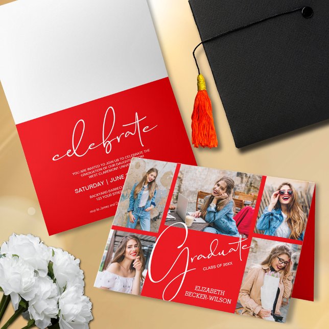 Invitation 5 Photo Red Graduation (Folded 5 photo collage red graduation party invitations)