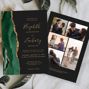 Invitation 5-Photo Vert Émeraude Or Agate Sombre Mariage
