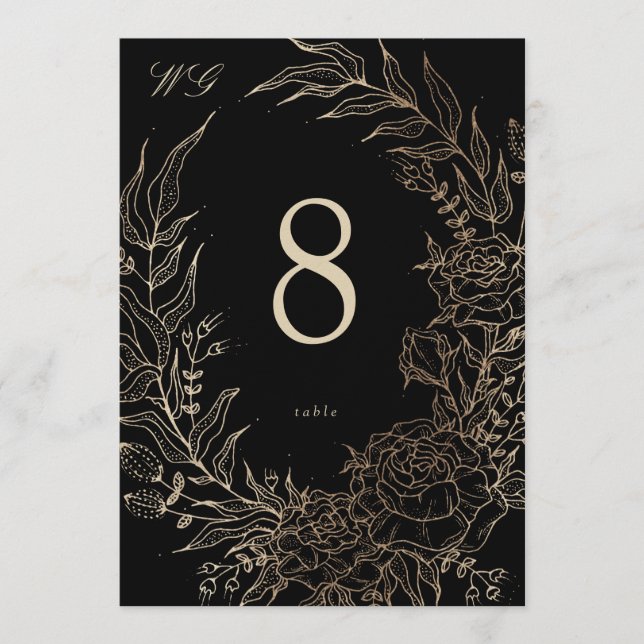 Invitation 5 x 7 Black Gold Florals Wedding Table Number (Devant)