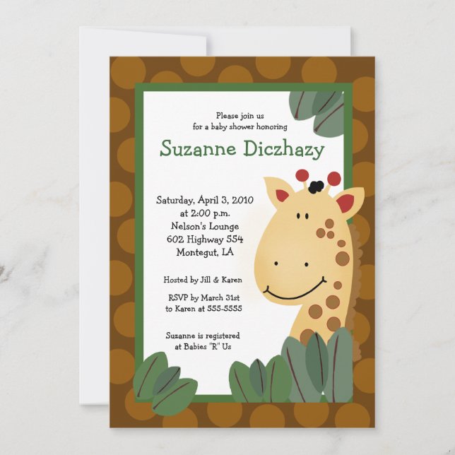 Invitation 5 x 7 Zanzibar GIRAFFE Jungle Baby shower (Devant)