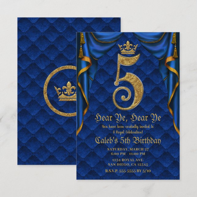 Invitation 5e 5 fête d'anniversaire Royal Blue Gold Crown (Devant / Derrière)