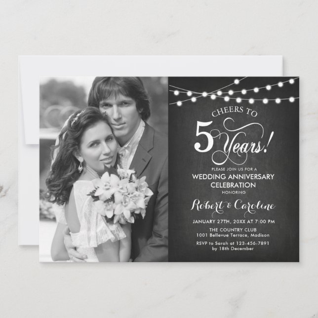 Invitation 5e anniversaire avec photo - Tableau noir blanc (Devant)