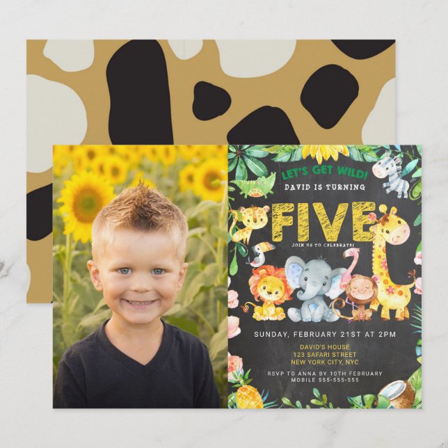 Invitation 5e anniversaire de fête Zoo Jungle Animaux Boy Pho (Devant / Derrière)
