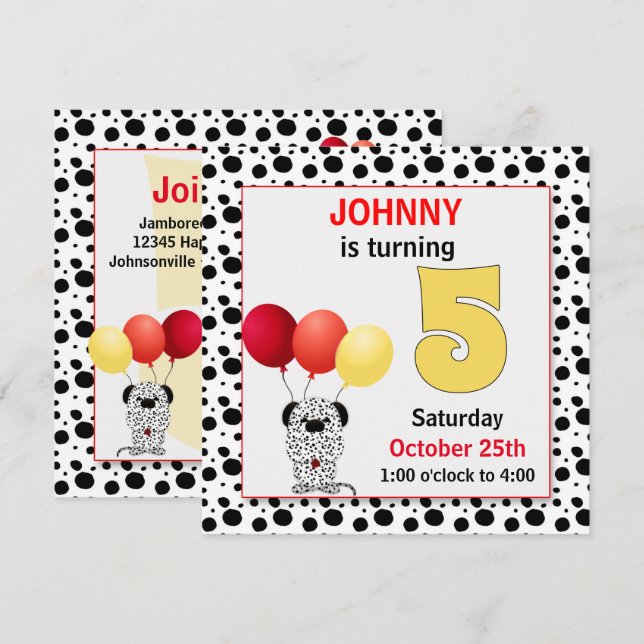 Invitation 5e anniversaire de l'enfant Dalmatien rouge et jau (Devant / Derrière)