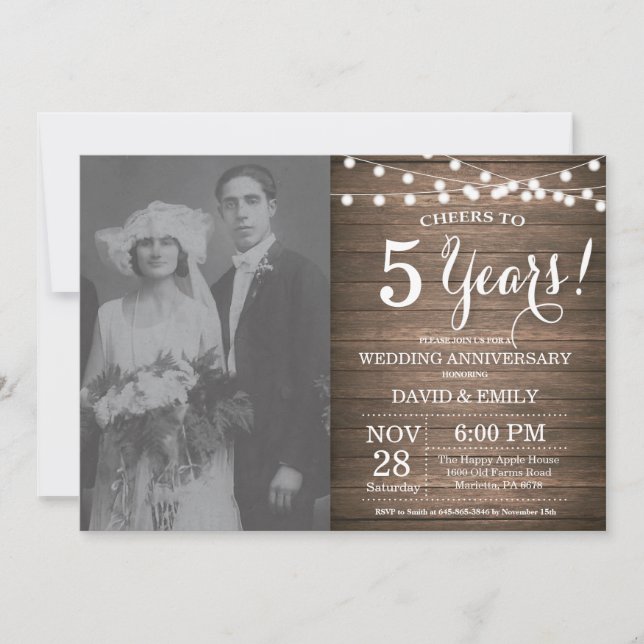 Invitation 5e anniversaire du Mariage Bois rutique (Devant)