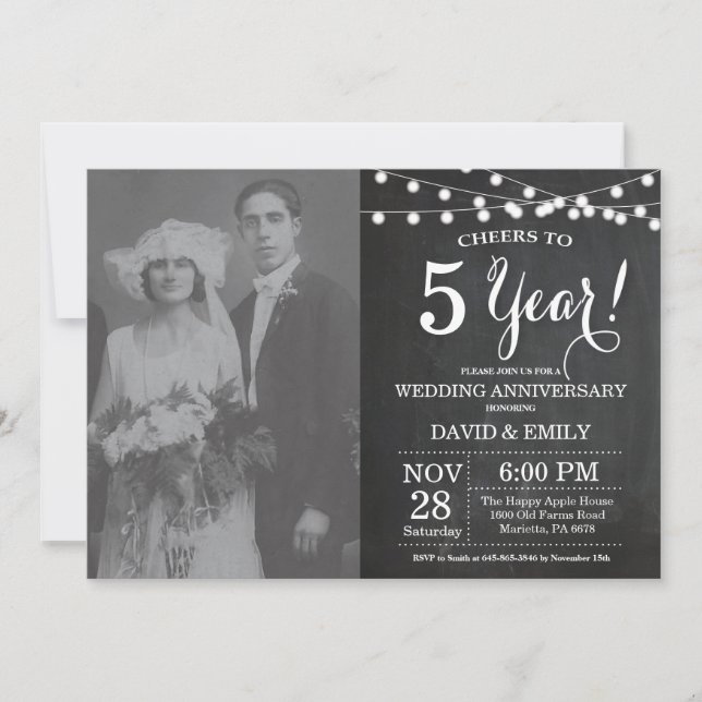 Invitation 5e anniversaire du Mariage photo de tableau de bor (Devant)