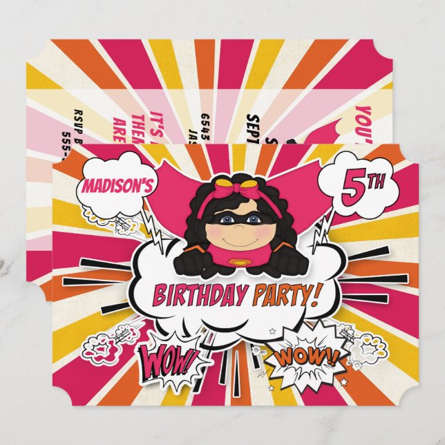 Invitation 5e anniversaire Filles de fête Superhero Pink Comi (Devant / Derrière)