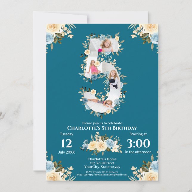 Invitation 5e anniversaire Fleur Turquoise photo Collage bleu (Devant)