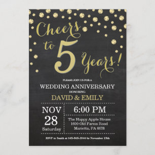 Invitation 5e anniversaire Mariage Chalkboard noir et or