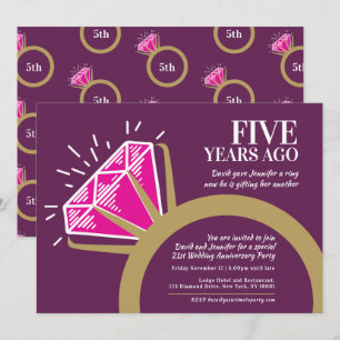 Invitation 5e anniversaire mariage fête bague tourmaline rose