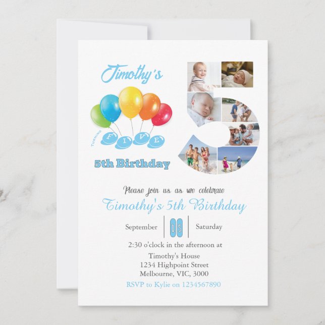 Invitation 5e anniversaire photo collage numéro 5 Garçon (Devant)