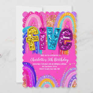 Invitation 5e anniversaire Rainbow Hot Pink Scalloped Invitat