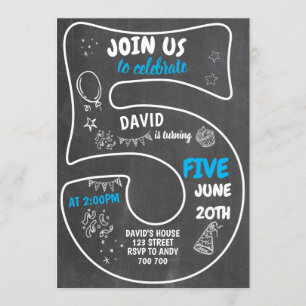 Invitation 5e Boy Birthday Chalkboard Blue Number