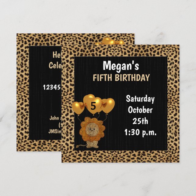 Invitation 5e fête d'anniversaire en Golden Cheetah Imprimer (Devant / Derrière)