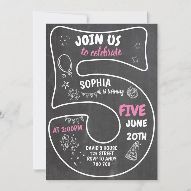Invitation 5e Fille Anniversaire Chalkboard Pink Numéro (Devant)