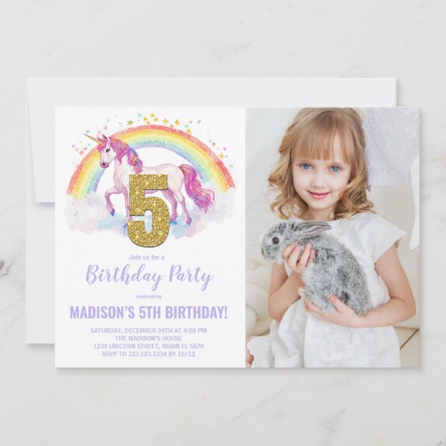 Invitation 5e Rainbow Unicorn photo d'anniversaire des invita (Devant)