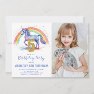 Invitation 5e Rainbow Unicorn photo d'anniversaire des invita