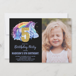 Invitation 5e Rainbow Unicorn photo d'anniversaire des invita