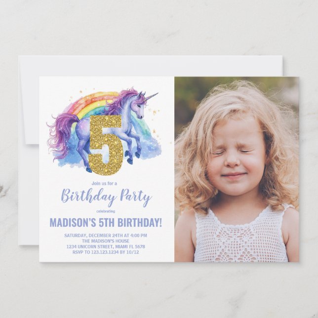 Invitation 5e Rainbow Unicorn photo d'anniversaire des invita (Devant)