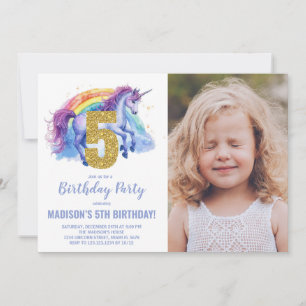 Invitation 5e Rainbow Unicorn photo d'anniversaire des invita