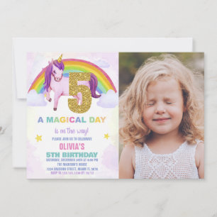 Invitation 5e Rainbow Unicorn photo d'anniversaire des invita