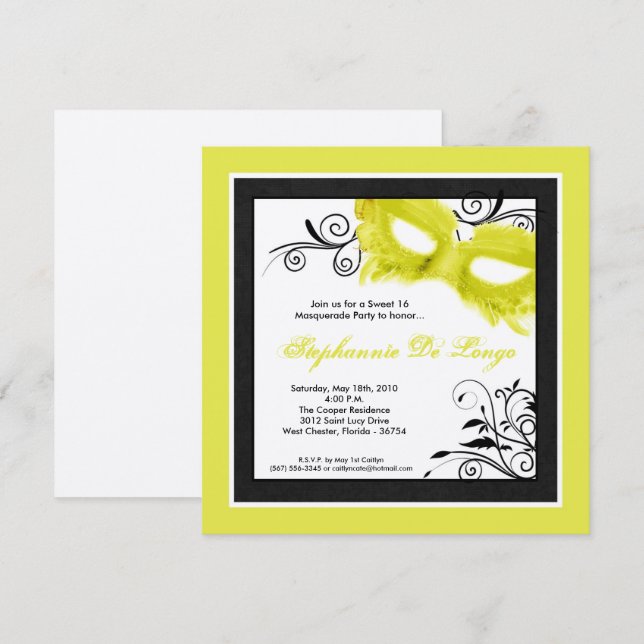 Invitation 5x5 masquerade yellow mask 16 Birthday Invite (Devant / Derrière)