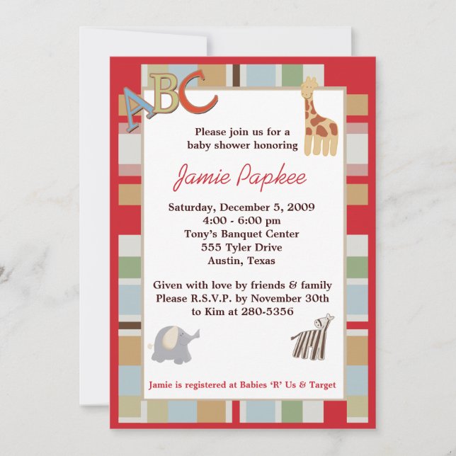 Invitation 5x7 ABC Alphabet Soupe Baby shower rayé (Devant)