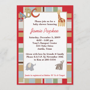 Invitation 5x7 ABC Alphabet Soupe Baby shower rayé
