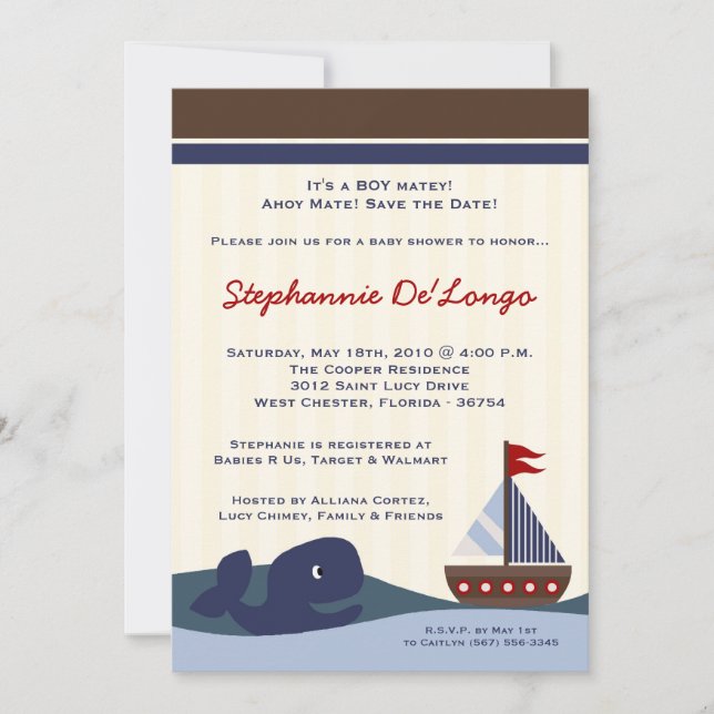 Invitation 5x7 Ahoy Mate Baby shower de baleines à voile Invi (Devant)