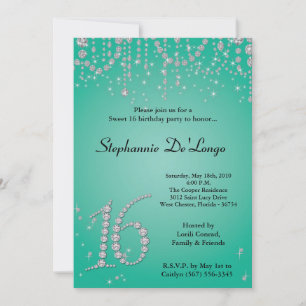 Invitation 5x7 Aqua Turquoise Diamond Sweet 16 Anniversaire I