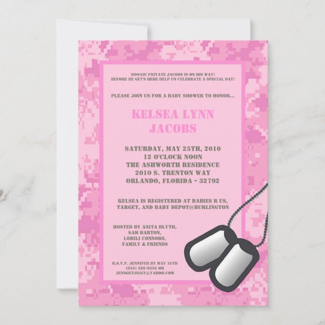 Invitation 5x7 Baby shower ACU Camo ARMY rose (Devant)