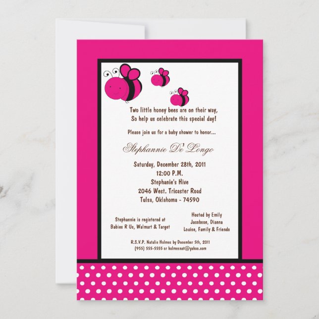 Invitation 5x7 Baby shower d'abeilles de miel rose chaud (Devant)