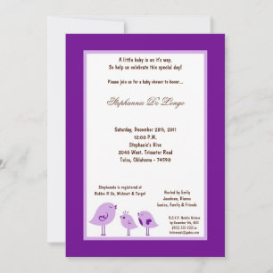 Invitation 5x7 Baby shower d'oiseaux violets foncés