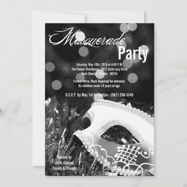 Invitation 5x7 Black Masquerade Sweet 16 Anniversaire Invitat (Devant)