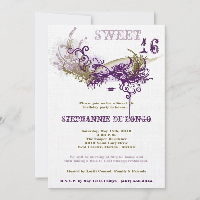 Invitation 5x7 Blanc Masquerade Sweet 16 Anniversaire Invitat (Devant)