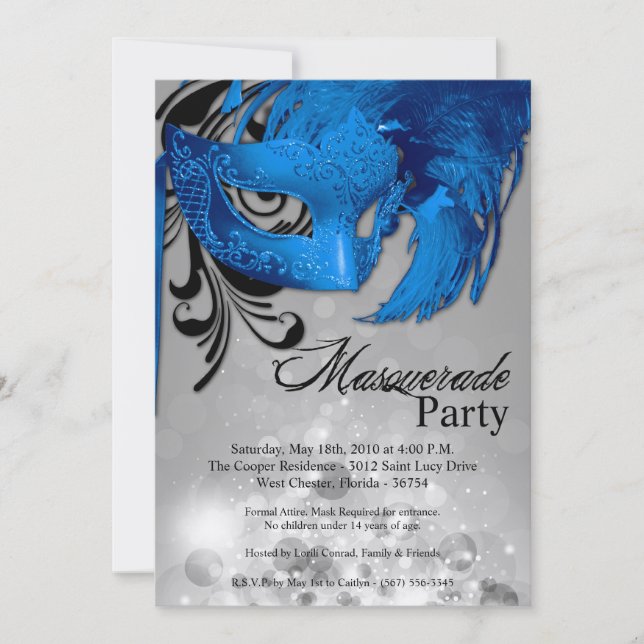 Invitation 5x7 Blue Masquerade Sweet 16 Anniversaire Invitati (Devant)