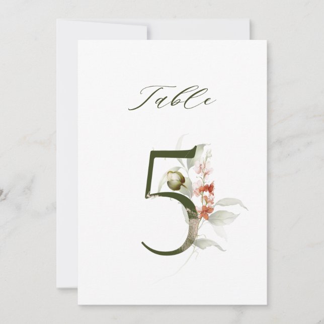 Invitation 5x7 Botanical Floral Number 5, Table Number (Devant)