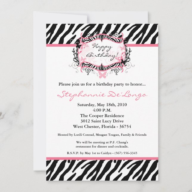 Invitation 5x7 Butterfly Zebra Imprimer Anniversaire Pièce In (Devant)