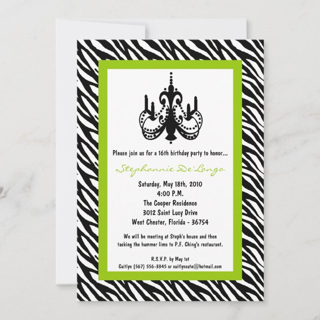 Invitation 5x7 Chandelier Lime Zebra 16e anniversaire Invitat (Devant)