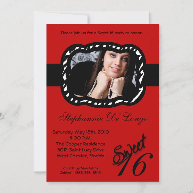 Invitation 5x7 Crimso Red Band PHOTO Sweet 16 Anniversaire In (Devant)