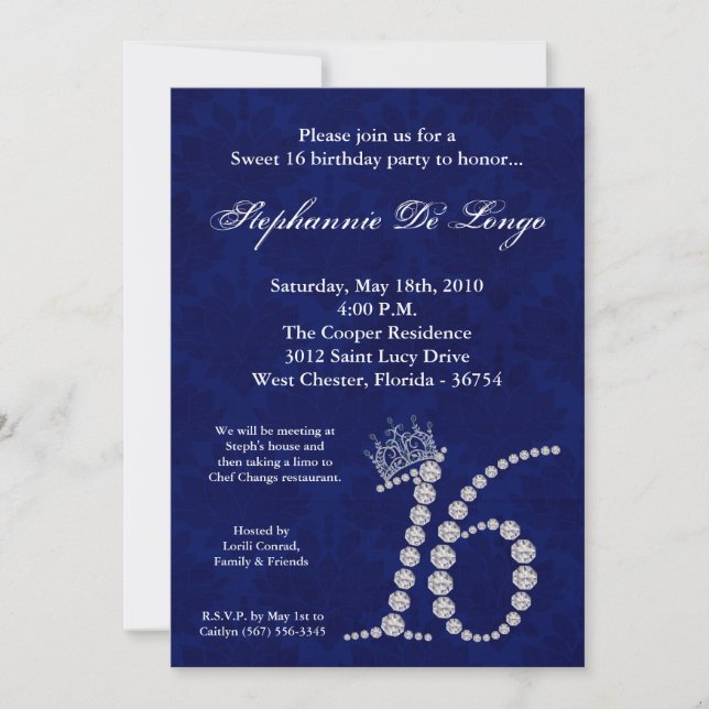 Invitation 5x7 Diamond Saphire Sweet 16 Anniversaire Invitati (Devant)