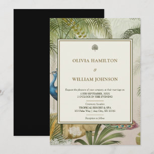 Invitation 5x7 Élégant noir Tropical Peacock Mariage