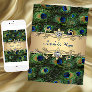Invitation 5x7 Émeraude Vert Élégant Paon Mariage