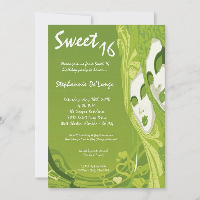 Invitation 5x7 Green Masquerade Sweet 16 Anniversaire Invitat (Devant)