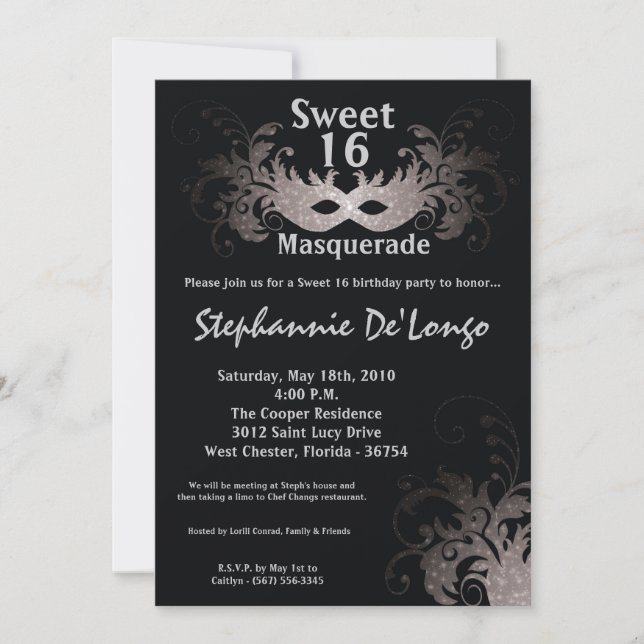 Invitation 5x7 Gris Masquerade Sweet 16 Anniversaire Invitati (Devant)