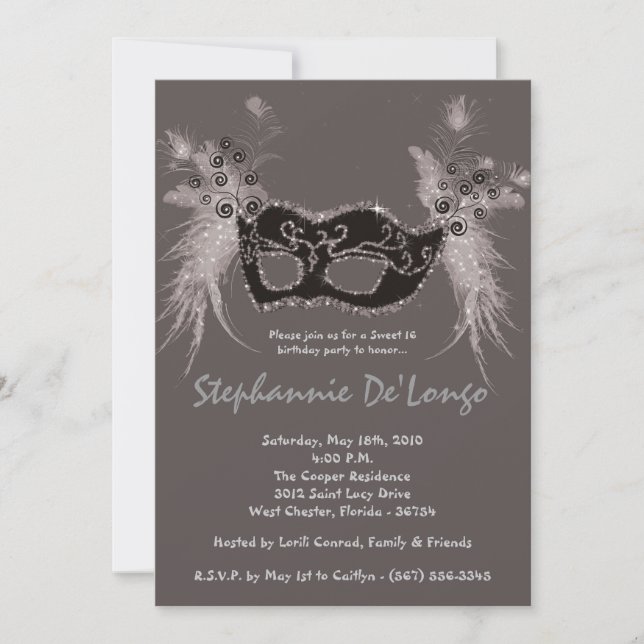 Invitation 5x7 Gris Masquerade Sweet 16 Anniversaire Invitati (Devant)