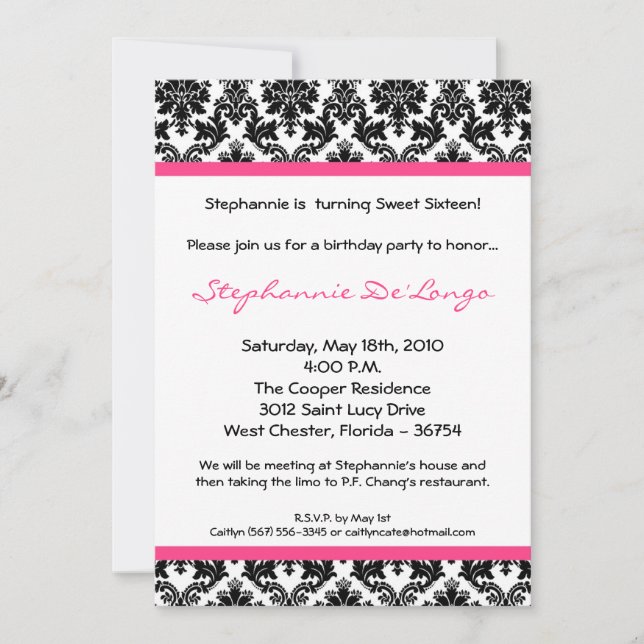 Invitation 5x7 Hot rose noir Damask Anniversaire Fête Invitat (Devant)