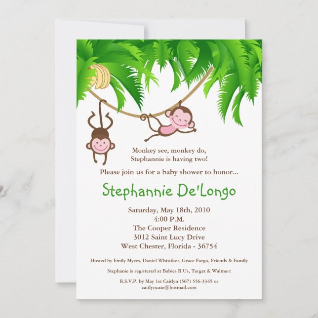 Invitation 5x7 JUMELLE l'invitation de baby shower de jungle (Devant)